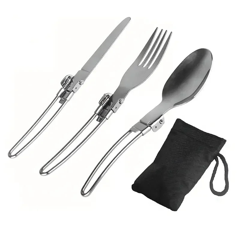 Foldable Stainless Steel Camping Utensil Set with Carrying Bag