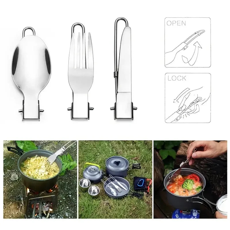 Foldable Stainless Steel Camping Utensil Set with Carrying Bag