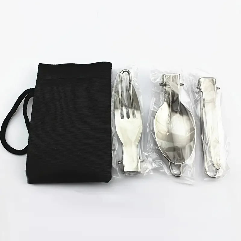 Foldable Stainless Steel Camping Utensil Set with Carrying Bag